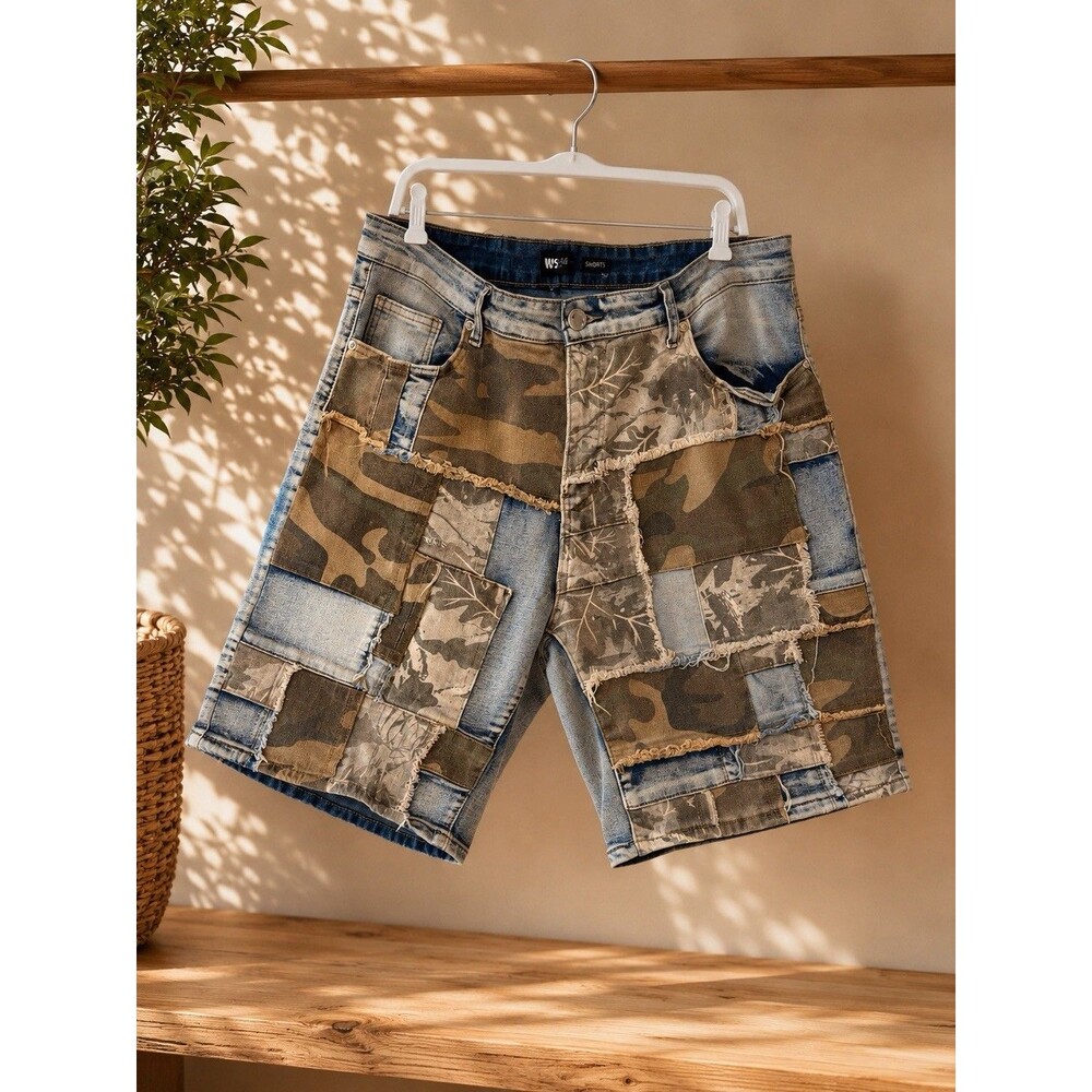 Waimea New York Men's Patchwork Camo Distressed Denim Shorts Size 38 Jorts